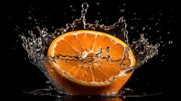 ai generativo un rebanada de naranja es siendo exprimido dentro un líquido chapoteo foto