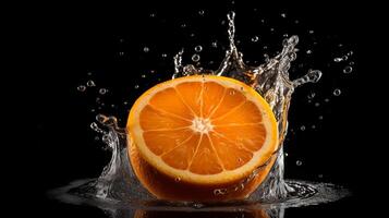 A slice of orange is being squeezed into a liquid splash photo