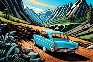 Old car blue color in a field with mountain view. Comic style photo