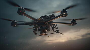 drone copter with a digital camera hovers, digital art illustration, photo