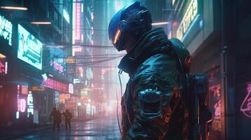 cyberpunk soldier advances, digital art illustration, photo