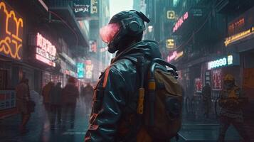 cyberpunk soldier navigates dystopian city, digital art illustration, photo