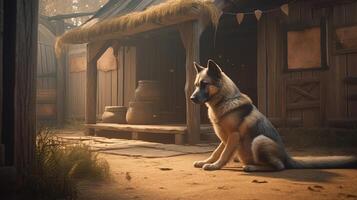 dog rest beside his wooden kennel, digital art illustration, photo