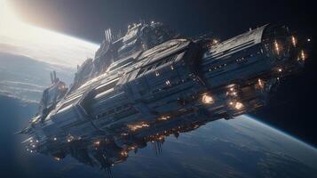 massive spaceship hovers, digital art illustration, photo