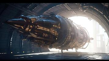 massive spaceship hovers, digital art illustration, photo