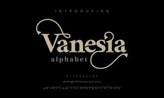 elegante lujo vanesia resumen digital tecnología logo fuente alfabeto. mínimo moderno urbano fuentes para logo, marca etc. tipografía tipo de letra mayúscula minúsculas y número. vector ilustración