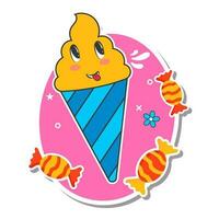 Sticker Style Ice Cream Cone With Toffee, Flowers On Pink And White Background. vector