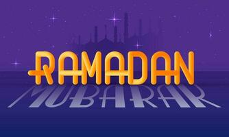 elegante Ramadán Mubarak fuente y luces efecto en azul y Violeta silueta mezquita antecedentes. vector