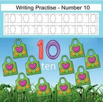 Numbers 1to10, handwriting tracing practice sheet, writing training for children, preschool activity, educational game, math printable worksheet, learning to count, vector illustration Earth Day items