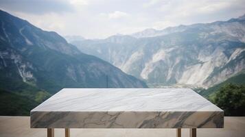 Marble surface table tabletop with mountain establishment for thing show appear. Creative resource, photo
