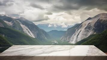 Marble surface table tabletop with mountain establishment for thing show appear. Creative resource, photo