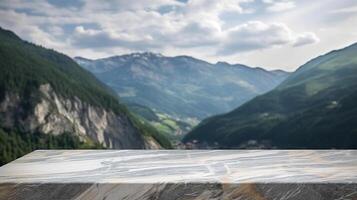 Marble surface table tabletop with mountain establishment for thing show appear. Creative resource, photo