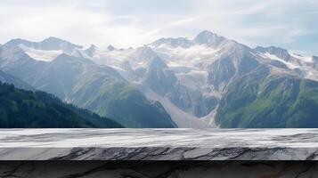 Marble surface table tabletop with mountain establishment for thing show appear. Creative resource, photo