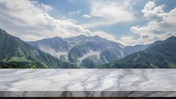 Marble surface table tabletop with mountain establishment for thing show appear. Creative resource, photo