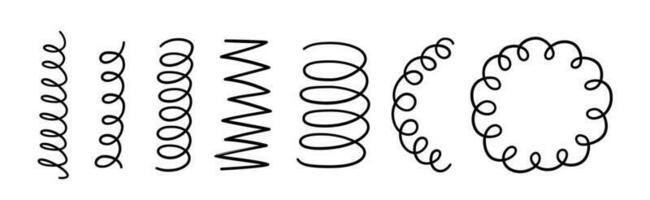 Hand drawn spiral springs set. Doodle flexible coils, wire spring symbols. Metal coil spiral icons. Vector illustration isolated on white background