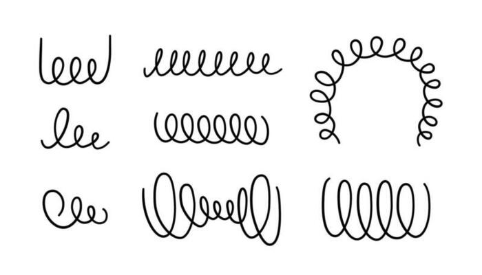 Hand drawn spiral springs set. Doodle flexible coils, wire spring symbols. Metal coil spiral icons. Vector illustration isolated on white background
