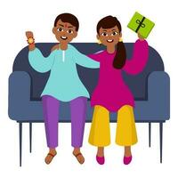 alegre hermana y hermano sentado a sofá en el ocasión de raksha bandhan. vector