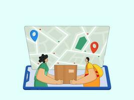 Delivery Man Giving Parcel To Female Customer And Map Navigation Through Smartphone. vector