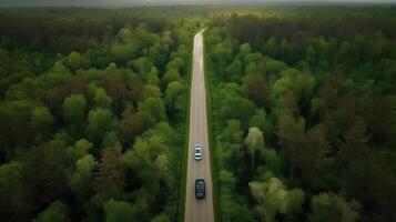 Airborne see green timberland with car on the black-top road. Creative resource, photo
