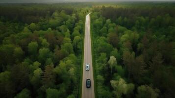 Airborne see green timberland with car on the black-top road. Creative resource, photo