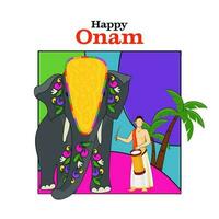 Happy Onam Poster Design With Faceless South India Drummer, Elephant Animal, Palm Tree On Abstract Background. vector