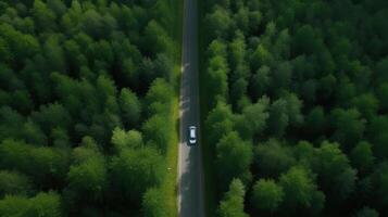 Airborne see green timberland with car on the black-top road. Creative resource, photo