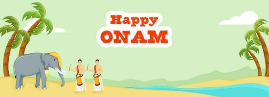 Sticker Style Happy Onam Lettering With South Indian Drummers, Elephant Animal, Coconut Or Palm Tree On Riverside Green And Yellow Background. vector