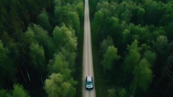 aerotransportado ver verde Timberland con coche en el top negro calle. creativo recurso, ai generado foto