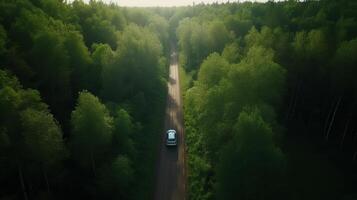 Airborne see green timberland with car on the black-top road. Creative resource, photo