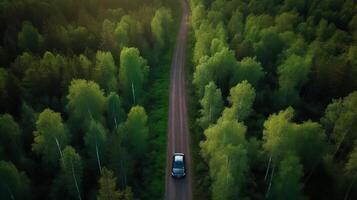 Airborne see green timberland with car on the black-top road. Creative resource, photo