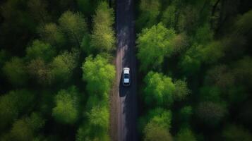 Airborne see green timberland with car on the black-top road. Creative resource, photo