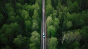 aerotransportado ver verde Timberland con coche en el top negro la carretera. creativo recurso, ai generado foto