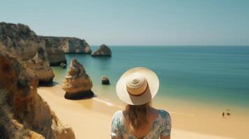 Visit tourism in Portugal, atlantic sea and disorienting tropical shoreline. Creative resource, photo
