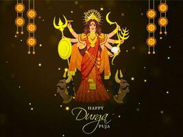 Happy Durga Puja Concept With Character Of Goddess Durga Maa And Mahishasura Face On Brown Lights Effect Background. vector