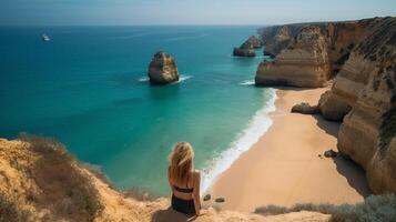 visitar turismo en Portugal, atlántico Oceano y desorientador tropical orilla. creativo recurso, ai generado foto