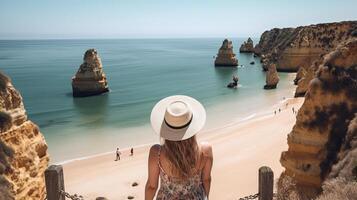 Visit tourism in Portugal, atlantic sea and disorienting tropical shoreline. Creative resource, photo