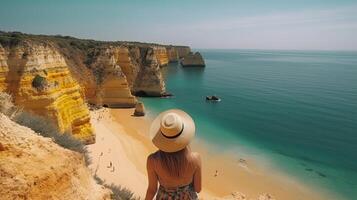 Visit tourism in Portugal, atlantic sea and disorienting tropical shoreline. Creative resource, photo