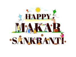 Happy Makar Sankranti Celebration Background With Indian People Enjoying And Saint Praying To Deity Surya. vector