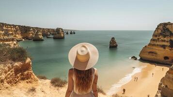 Visit tourism in Portugal, atlantic sea and disorienting tropical shoreline. Creative resource, photo