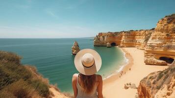 Visit tourism in Portugal, atlantic sea and disorienting tropical shoreline. Creative resource, photo