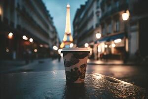 Coffee anywhere, a paper cup of coffee on the table in Paris. photo