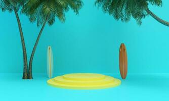 coconut palm tree leaf plant green color yellow orange color podium stand stage showcase display presentation product surfboard blue background r empty copy space tropical summer time season.3d render photo