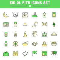 Flat Style Eid Al Fitr Muslim Celebration 30 Icon Set In Yellow And Green Color. vector