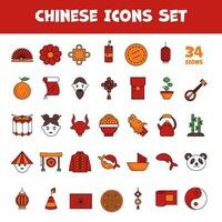 Red And Orange Color Set Of Chinese Icons In Flat Style. vector