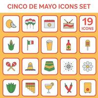 Flat Style Cinco De Mayo Icon Set On Orange And White Square Background. vector
