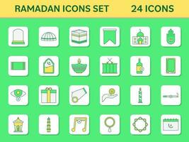 24 Ramadán icono conjunto en verde y blanco cuadrado antecedentes. vector