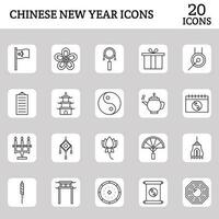 Chinese New Year Black Stroke Icon Set On Square White And Gray Background.. vector