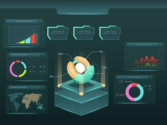 Infographic elements - bar and line charts, percents, pie charts, comparison chart, geographic locations chart. 3D style presentation.