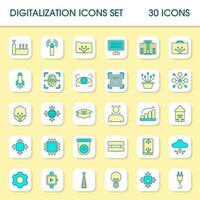 Turquoise And Yellow Digitilization Square Icon Set In Flat Style. vector