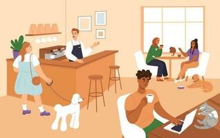 People in pet-friendly cafe with cats and dogs. Concept of Pet Friendly Cafe. Flat vector illustration.